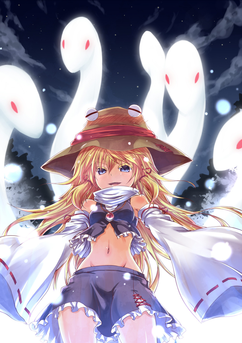 >:), absurdres, adapted_costume, alternate_hairstyle, bare_shoulders, blonde_hair, blue_eyes, blush