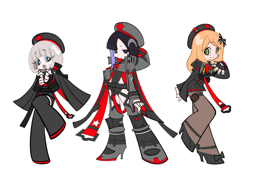 3girls, absolute_(nikke), absurdres, asymmetrical_bangs, beret, black_hair, black_hat, black_leotard