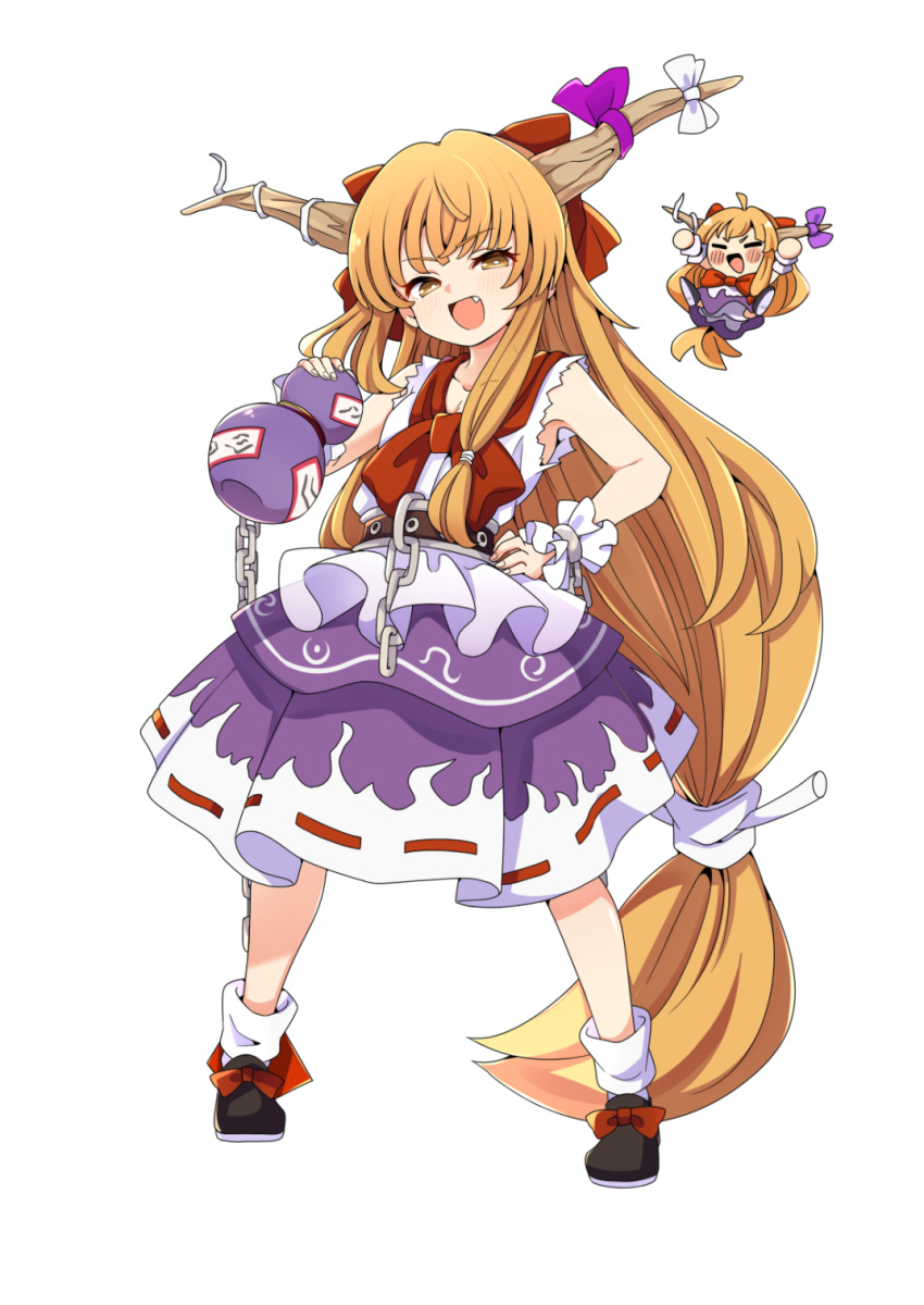 2girls, absurdly_long_hair, baba_(baba_seimaijo), blonde_hair, bow, brown_horns, brown_shoes, chain
