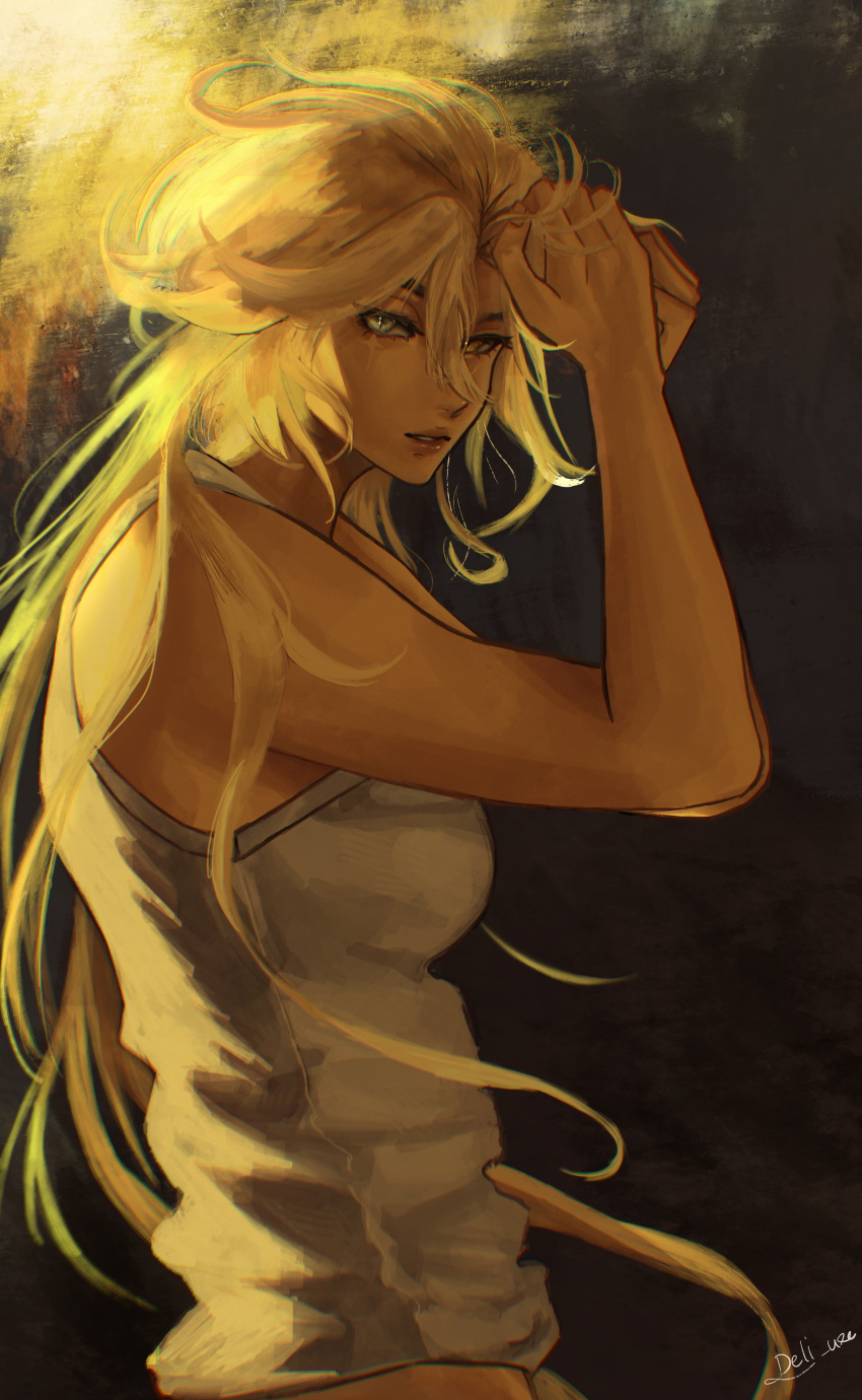 #scar, 1girl, absurdres, argus_(reverse:1999), arms_up, artist_name, blonde_hair, breasts, clothes_lift, green_eyes, grey_eyes, hand_up, highres, light_smile, looking_at_viewer, medium_breasts, scar, scar_across_eye, shirt_lift, solo, tank_top, upper_body