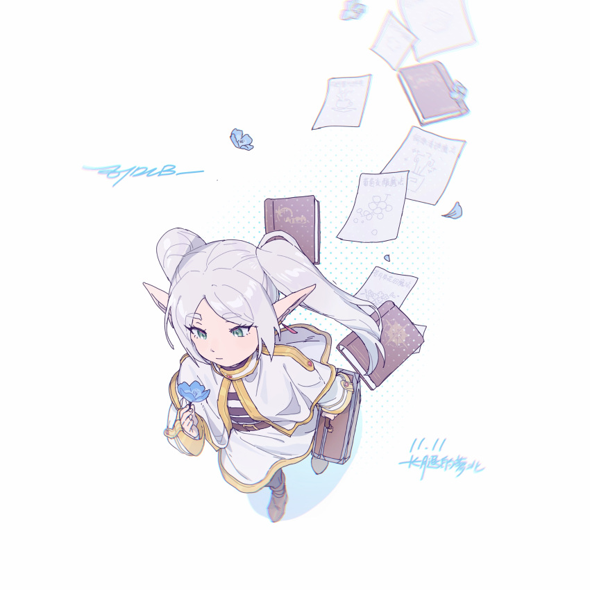 1girl, absurdres, blue_flower, book, capelet, chinese_commentary, closed_mouth, commentary_request