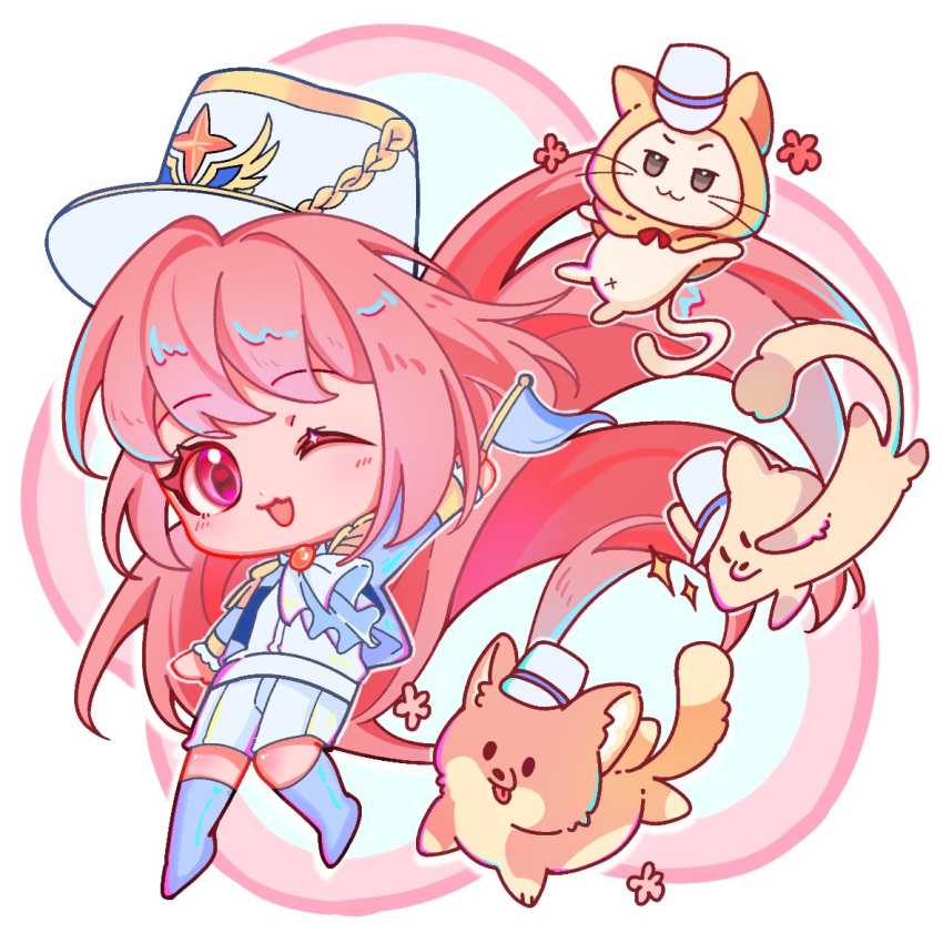 1girl, :3, absurdly_long_hair, animal, arm_up, ascot, blue_boots, blue_jacket, boots, bow, bowtie, brown_eyes, cat, chibi, cloak, clothed_animal, colored_eyelashes, dog, dot_nose, dress_shirt, ear_covers, epaulettes, flag, floating_clothes, floating_hair, floof_(infinity_nikki), floral_background, flower, frilled_sleeves, frills, happy, hat, holding, holding_flag, hood, hood_up, hooded_cloak, infinity_nikki, jacket, knee_boots, light_blush, long_hair, long_sleeves, looking_at_viewer, midnight_vigil_(infinity_nikki), momo_(nikki), nikki_(nikki), nikki_(series), one_eye_closed, open_clothes, open_jacket, open_mouth, outline, pink_eyes, pink_flower, pink_hair, red_bow, red_bowtie, shako_cap, shirt, shorts, smile, tareme, very_long_hair, whiskers, white_ascot, white_background, white_cat, white_hat, white_outline, white_shirt, white_shorts, yellow_cloak, yellow_sleeve_cuffs, zb-adriana