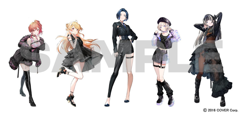 5girls, ahoge, alternate_costume, arm_up, asymmetrical_pants, asymmetrical_skirt, belt, belt_boots