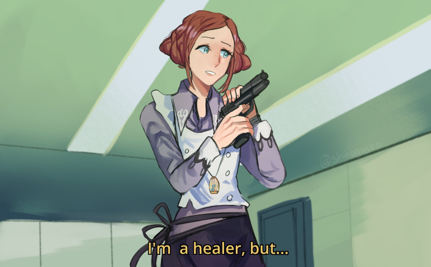 1girl, black_skirt, blue_eyes, commentary, english_commentary, eyelashes, freckles, gun, highres, holding, holding_gun, holding_weapon, i'm_a_healer_but..._(meme), indoors, jewelry, kyokugen_dasshutsu, kyokugen_dasshutsu_adv:_zennin_shibou_desu, luna_(kyokugen_dasshutsu), meme, necklace, orange_hair, purple_shirt, shiroginko, shirt, short_hair, skirt, solo, vest, weapon, white_vest