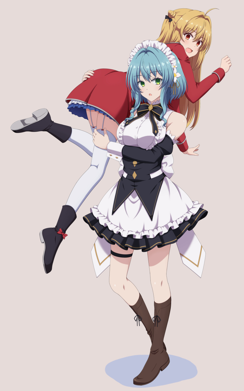 2girls, absurdres, ahoge, black_boots, blonde_hair, blue_hair, boots, breasts