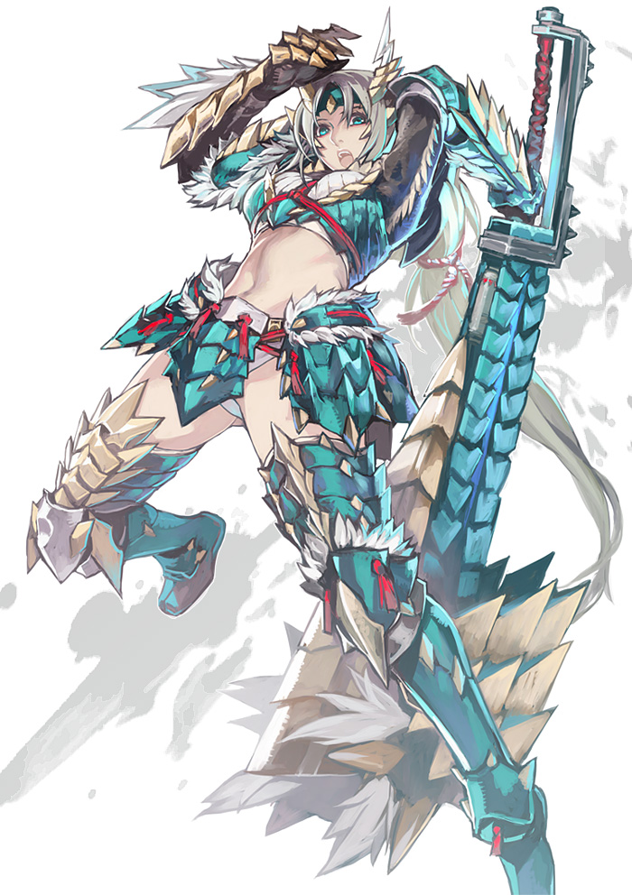 aqua_eyes, armor, huge_weapon, jinouga_(armor), monster_hunter, monster_hunter_portable_3, monster_hunter_portable_3rd, silver_hair, simple_background, solo, switch_axe, sword, weapon, white_hair