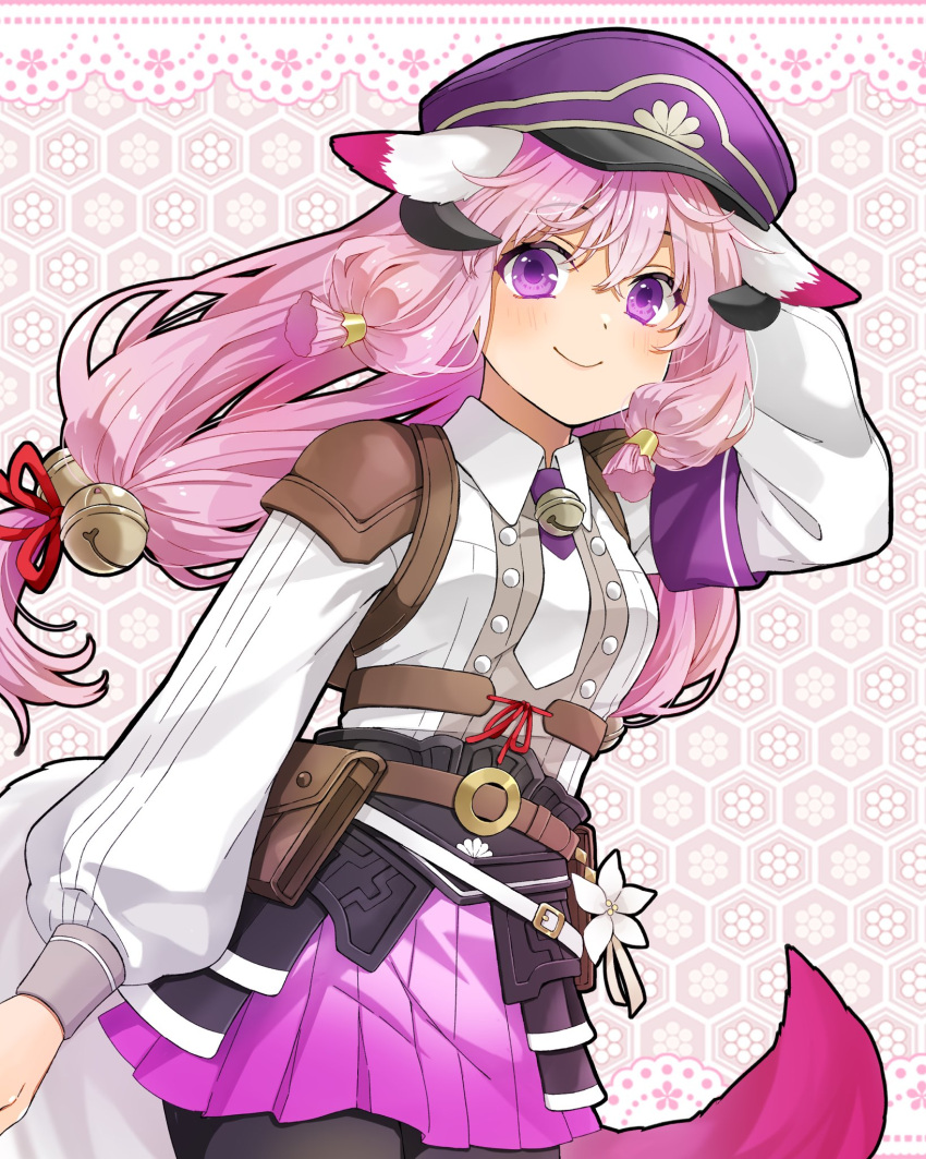 1girl, animal_ears, armor, bell, black_pantyhose, blush, breasts, closed_mouth, fox_tail, gradient_clothes, gradient_skirt, hair_bell, hair_ornament, hat, highres, hina_(rune_factory), horns, japanese_armor, jingle_bell, kusazuri, long_hair, looking_at_viewer, neck_bell, necktie, pantyhose, pauldrons, pink_hair, purple_skirt, rune_factory, rune_factory:_guardians_of_azuma, shirt, shoulder_armor, skirt, small_breasts, smile, solo, sugu016406, tail, twintails, violet_eyes, white_shirt
