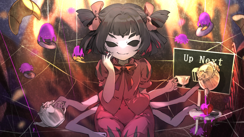 1girl, black_hair, bow, bug, colored_skin, commission, croissant, cup
