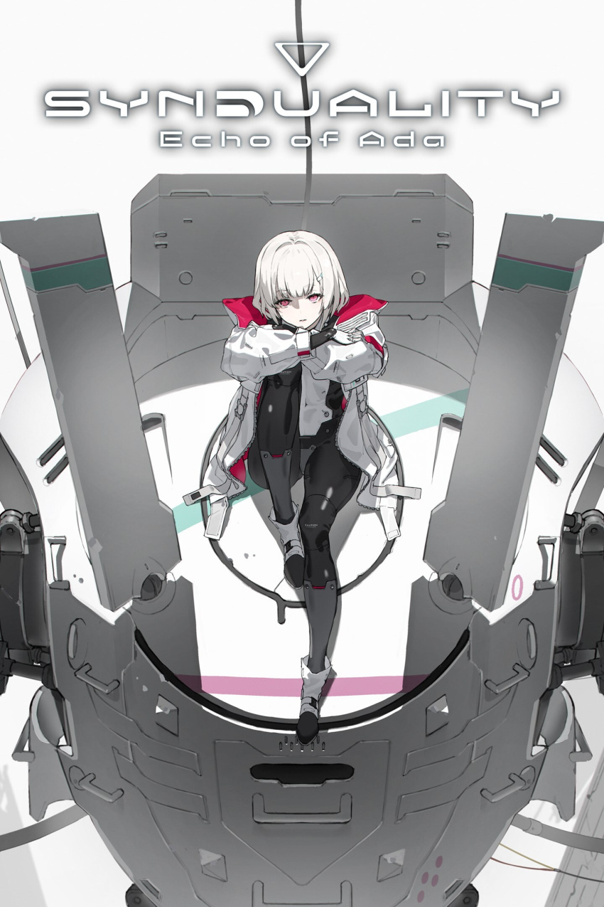 1girl, ada_(synduality), arms_on_knees, belt, bob_cut, bodysuit, boots, bowie_rabbit