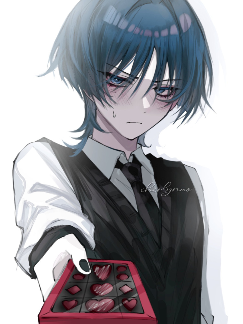 1boy, black_hair, black_nails, black_necktie, black_sleeves, black_sweater_vest, blunt_ends, blush