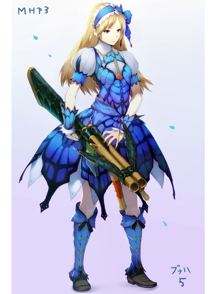 blonde_hair, blue_eyes, bnahabra_(armor), bnahabra_armor, boots, bowgun, capcom, cross-laced_footwear