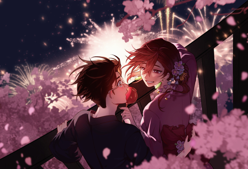 1boy, 1girl, absurdres, ayase_momo, bawuling, black_hair, black_kimono, blurry