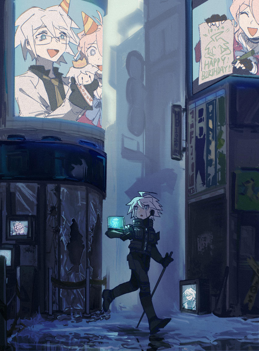 1girl, 2boys, ahoge, android, antenna_hair, armor, blonde_hair, blue_eyes