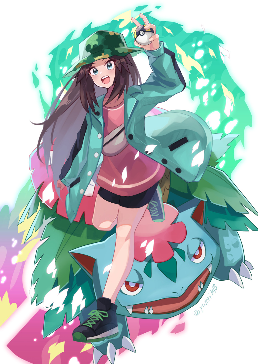 1girl, absurdres, ball, black_shoes, black_shorts, blue_eyes, blue_jacket, brown_hair