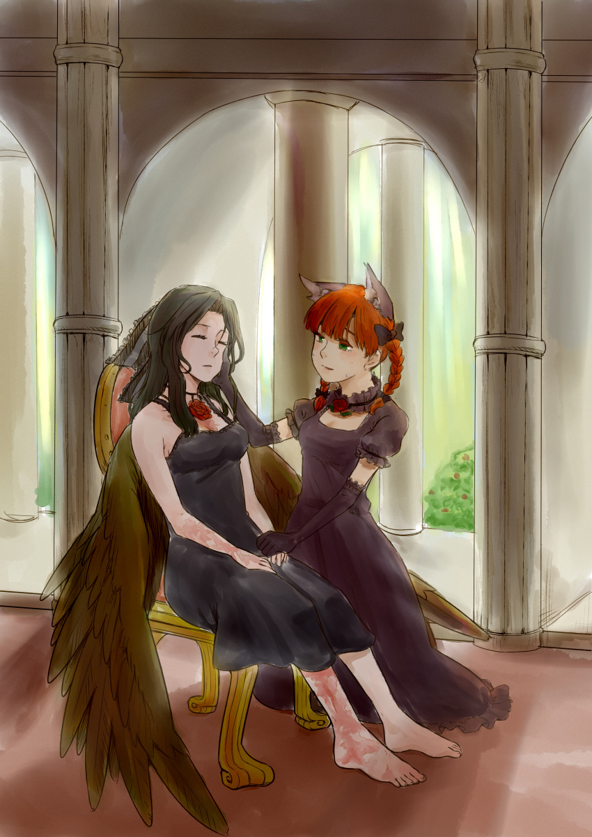 absurdres, animal_ears, bad_id, barefoot, black_hair, black_wings, bow, braid