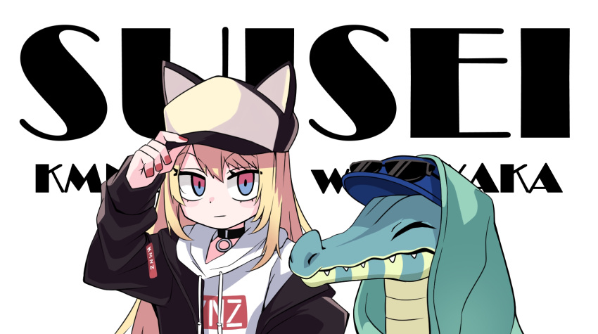 1girl, baseball_cap, black_jacket, blonde_hair, blue_hat, closed_mouth, crocodile, crocodilian