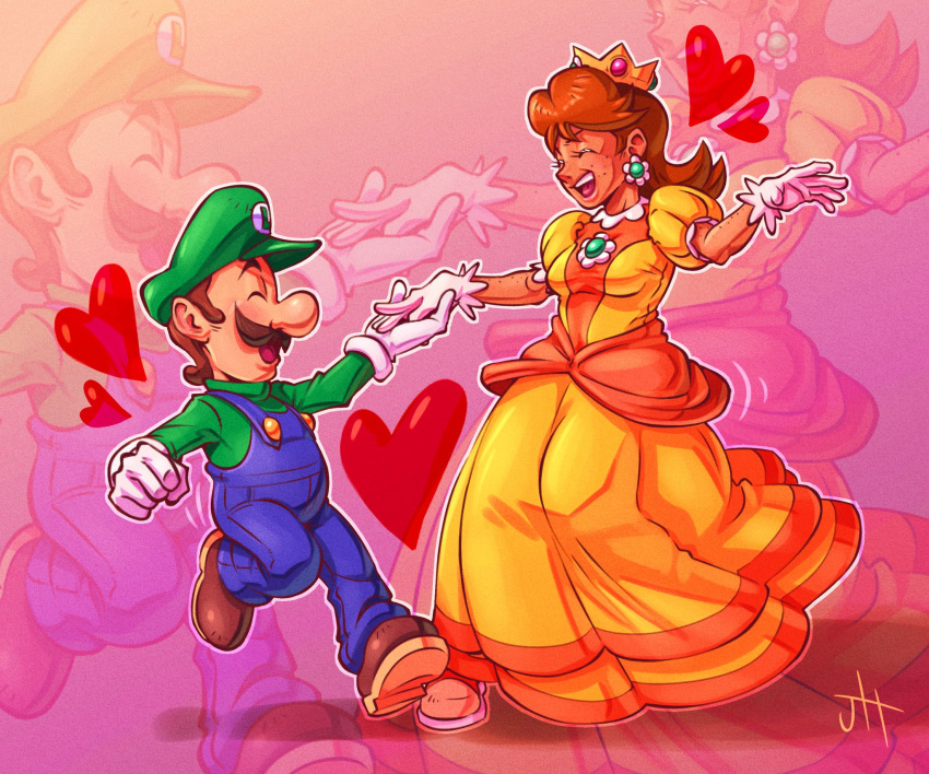 1boy, 1girl, blue_overalls, brown_hair, brown_shoes, closed_eyes, crown, dancing