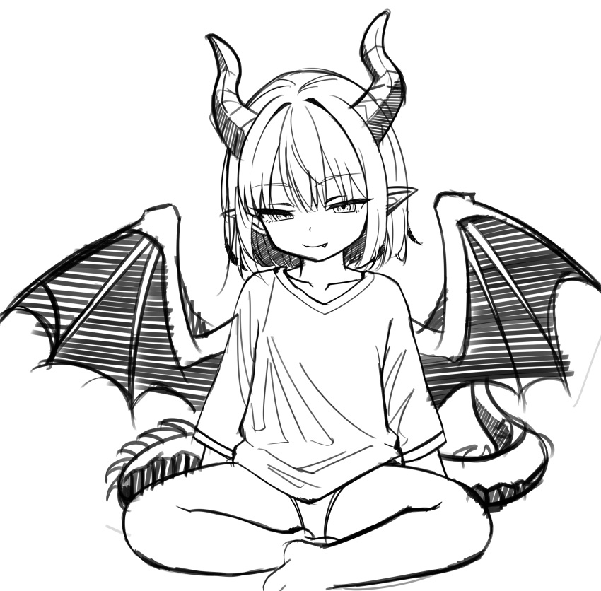 1girl, absurdres, bare_legs, barefoot, black_shorts, breasts, butterfly_sitting, collarbone, cunvaroy, dragon_girl, dragon_horns, dragon_tail, fang, highres, horns, long_sleeves, monochrome, pointy_ears, short_hair, shorts, simple_background, sitting, sketch, small_breasts, smile, smug, tagme, tail, unfinished, white_background