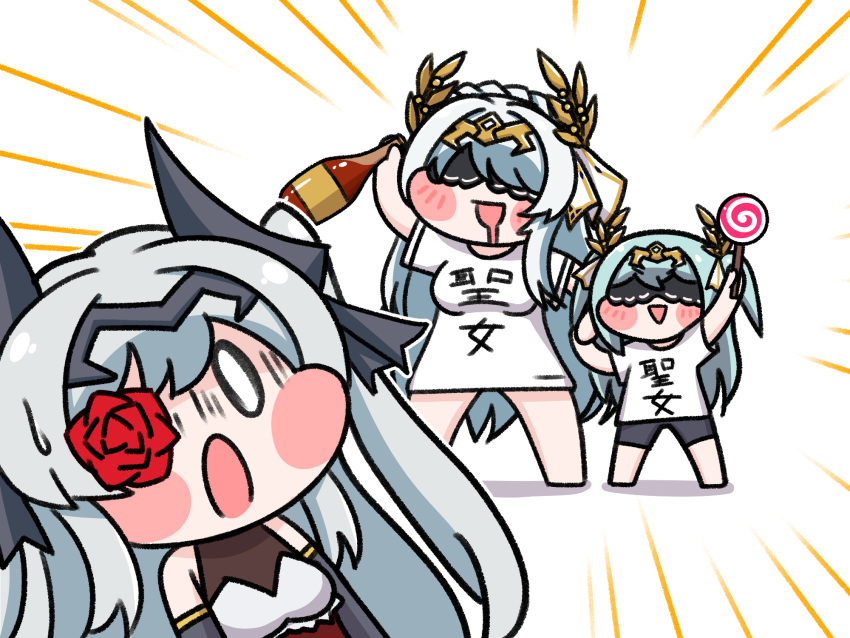 3girls, alcohol, alterkero, aqua_hair, black_blindfold, blind_princess_(last_origin), blindfold, blush_stickers
