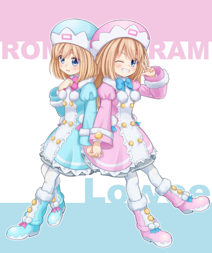 2girls, absurdres, blue_boots, blue_bow, blue_bowtie, blue_coat, blue_eyes, bow