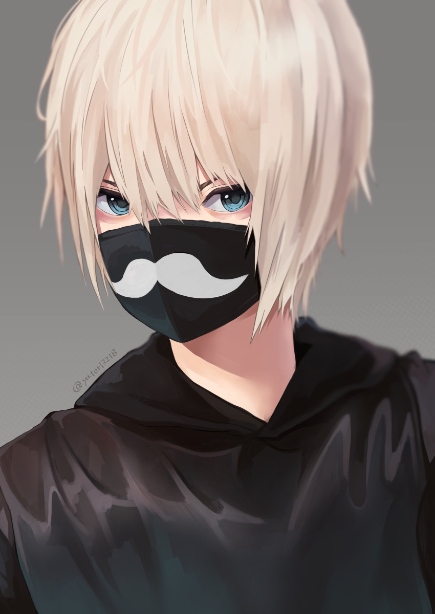 1boy, absurdres, black_hoodie, blue_eyes, fake_facial_hair, fake_mustache, grey_background, hair_between_eyes