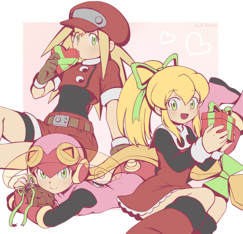3girls, :d, artist_name, ayla_kazemi, bag, blonde_hair, bodysuit, bow