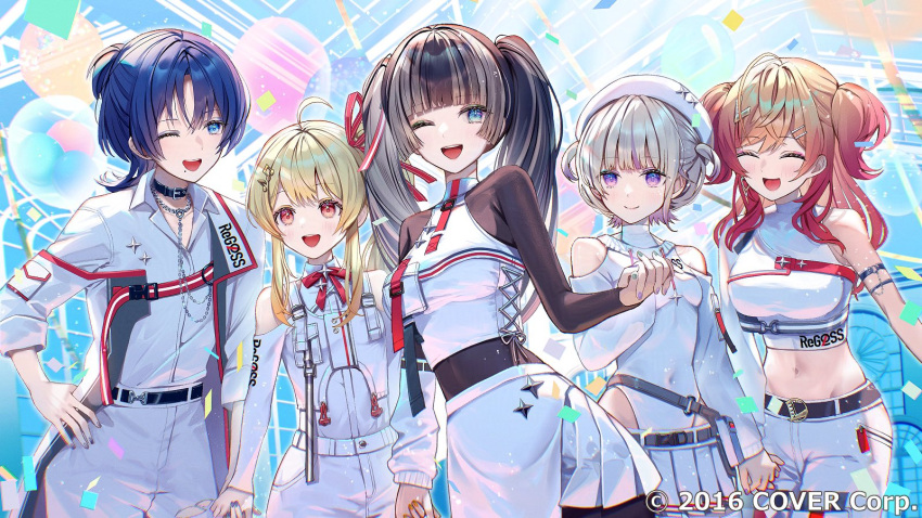 5girls, ahoge, arm_belt, asymmetrical_sleeves, belt, belt_collar, beret, black_bodysuit