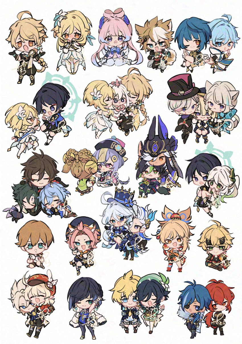 6+boys, 6+girls, :<, aether_(genshin_impact), ahoge, akanbe, albedo_(genshin_impact), ancient_egyptian_clothes
