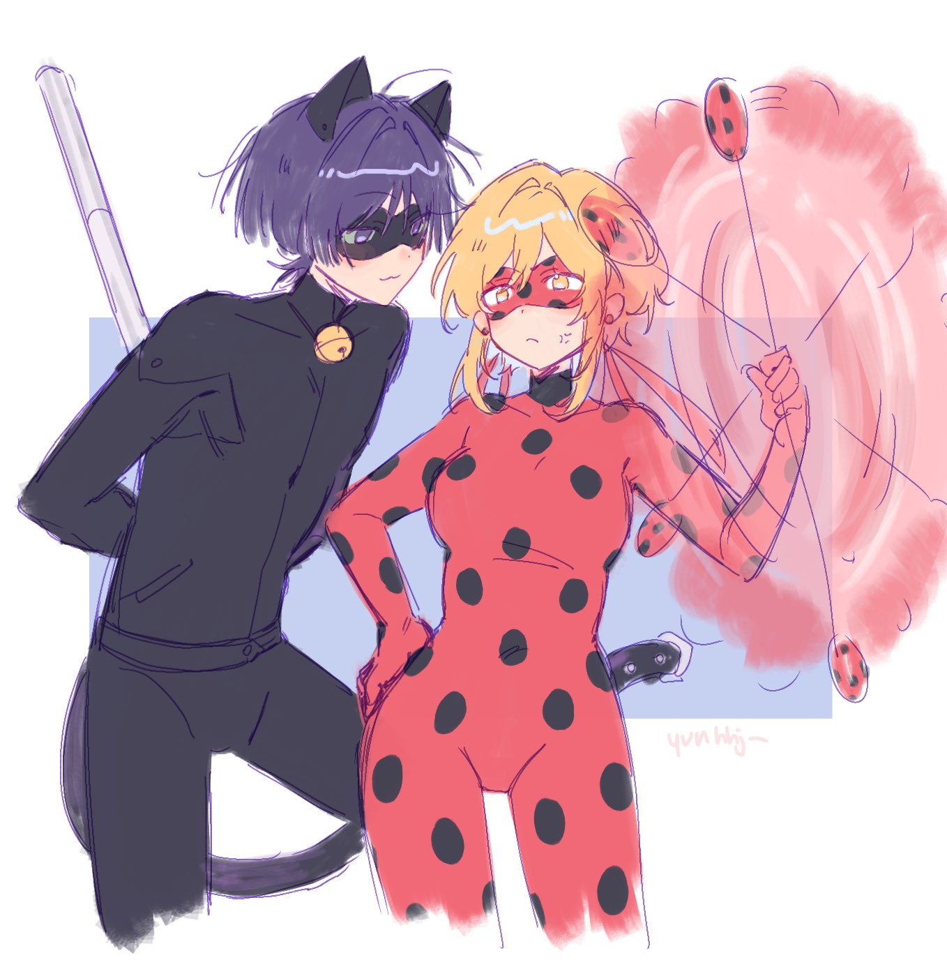 1boy, 1girl, adrien_agreste, alternate_costume, anger_vein, animal_ears, arms_behind_back, black_bodysuit