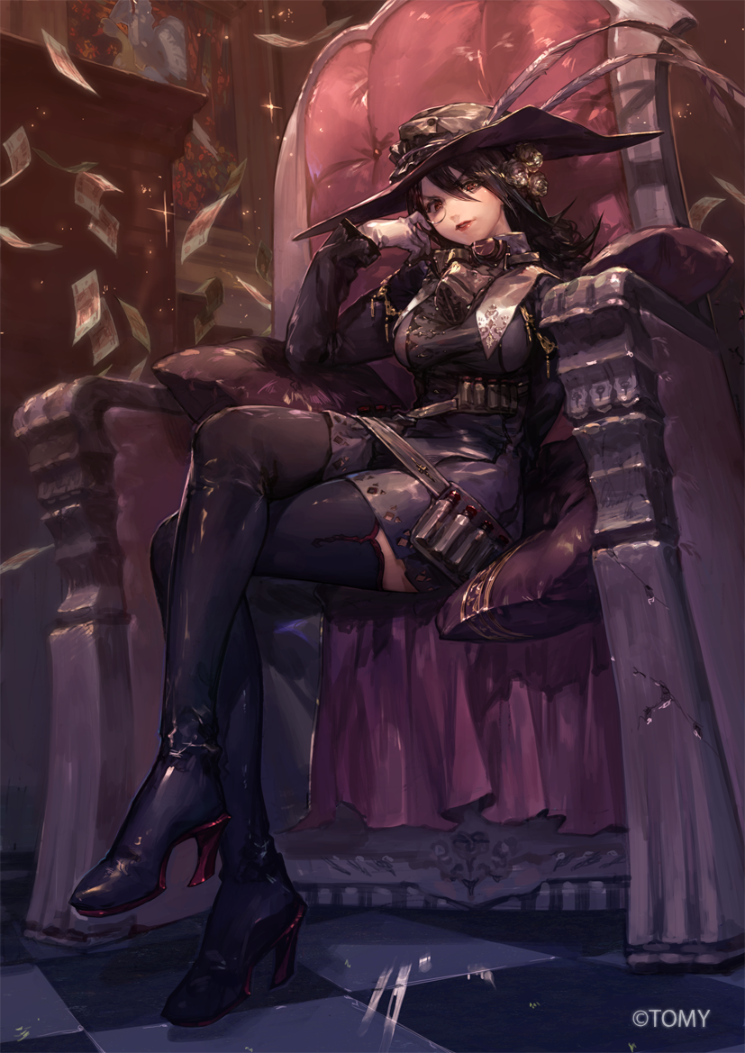 1girl, black_boots, black_dress, black_hat, black_thighhighs, boots, brown_eyes, character_request