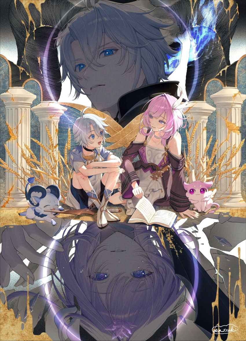 1boy, 1girl, absurdres, animal, antenna_hair, artist_name, bare_shoulders, black_shirt