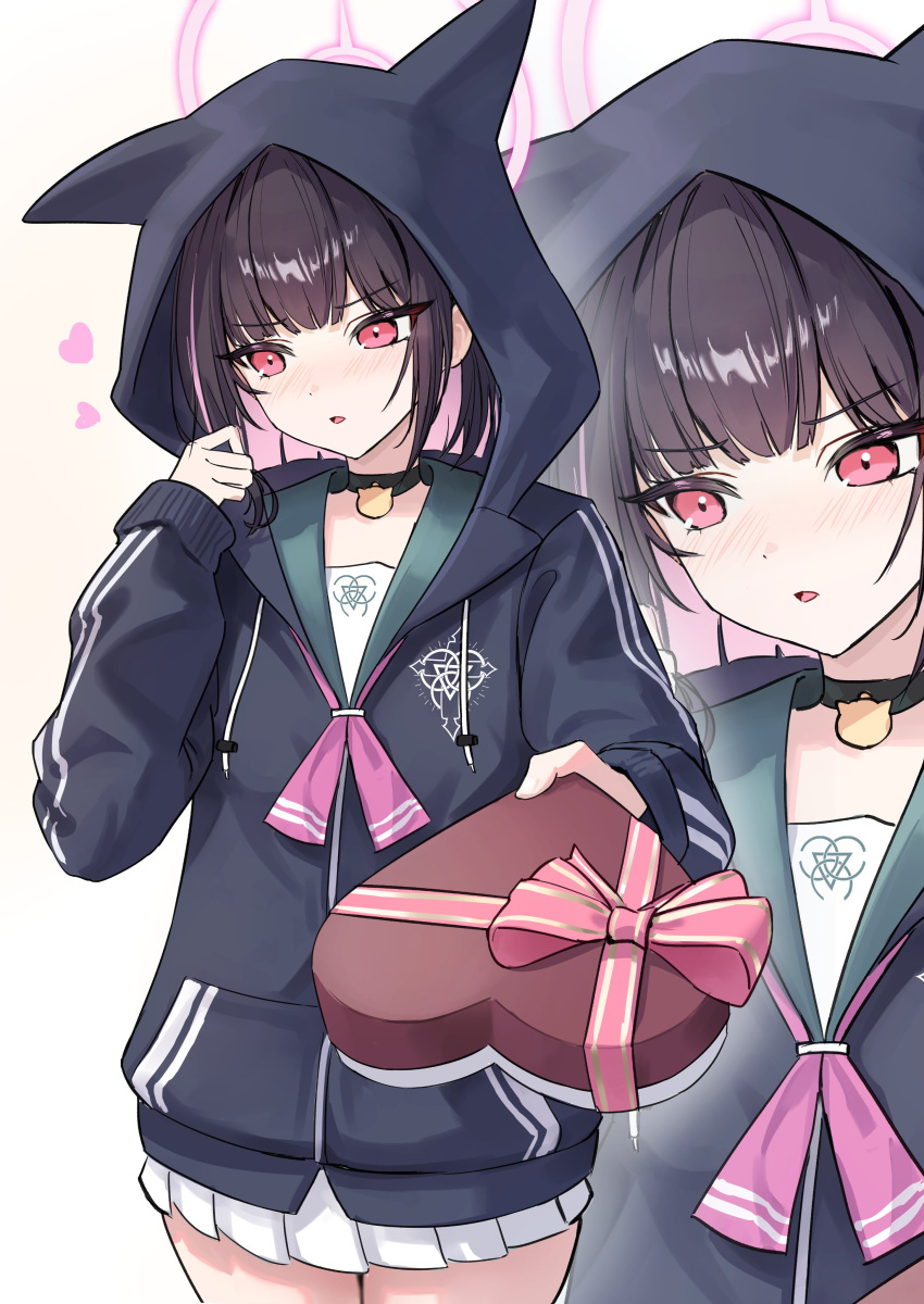 1girl, absurdres, animal_hood, averting_eyes, black_choker, black_hair, black_jacket, blue_archive