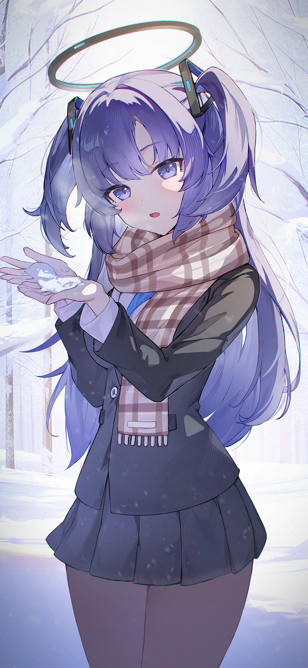 1girl, black_halo, black_jacket, black_pantyhose, black_skirt, blazer, blue_archive, blue_eyes, blue_hair, brown_scarf, commentary_request, hair_intakes, hair_ornament, halo, hands_up, highres, jacket, jorim, long_hair, looking_at_viewer, open_mouth, outdoors, pantyhose, plaid_clothes, plaid_scarf, pleated_skirt, scarf, skirt, snow_in_hand, snowing, solo, triangle_hair_ornament, two_side_up, yuuka_(blue_archive)