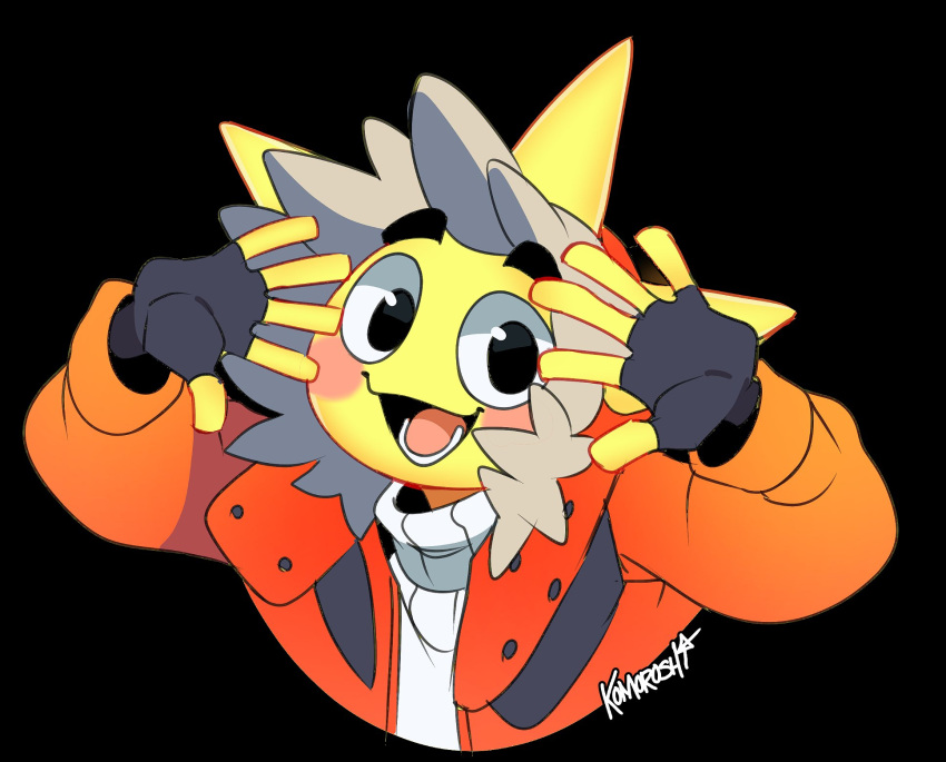 1other, artist_name, black_background, black_gloves, blush, english_commentary, fingerless_gloves, fortnite, fur-trimmed_hood, fur_trim, gloves, highres, hood, hood_up, jacket, komoroshi, looking_at_viewer, open_mouth, orange_jacket, smile, sunspot_(fortnite), upper_body
