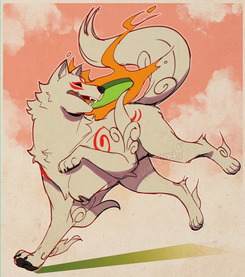 1girl, amaterasu_(ookami), animal_ears, claws, english_commentary, fangs, fire, highres