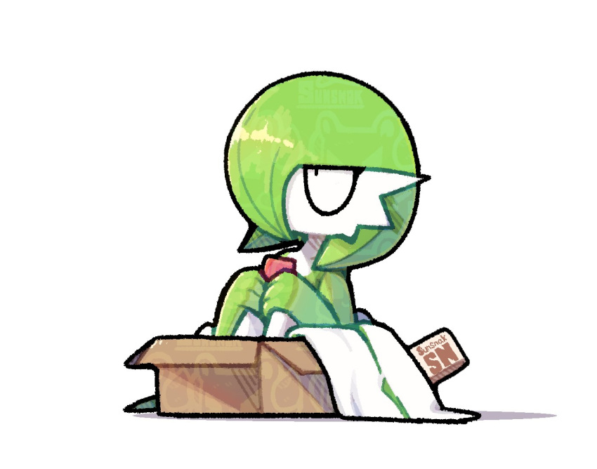 bob_cut, box, cardboard_box, colored_skin, dress, gardevoir, green_hair, green_skin