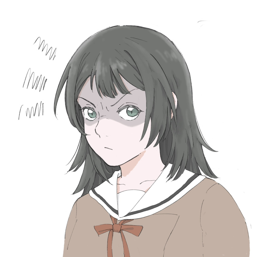 1girl, bang_dream!, bang_dream!_it's_mygo!!!!!, black_hair, blue_eyes, closed_mouth, commentary, hanasakigawa_school_uniform, highres, i_love_lesbian, medium_hair, neck_ribbon, red_ribbon, ribbon, sailor_collar, school_uniform, simple_background, solo, squiggle, symbol-only_commentary, upper_body, white_background, white_sailor_collar, yahata_umiri