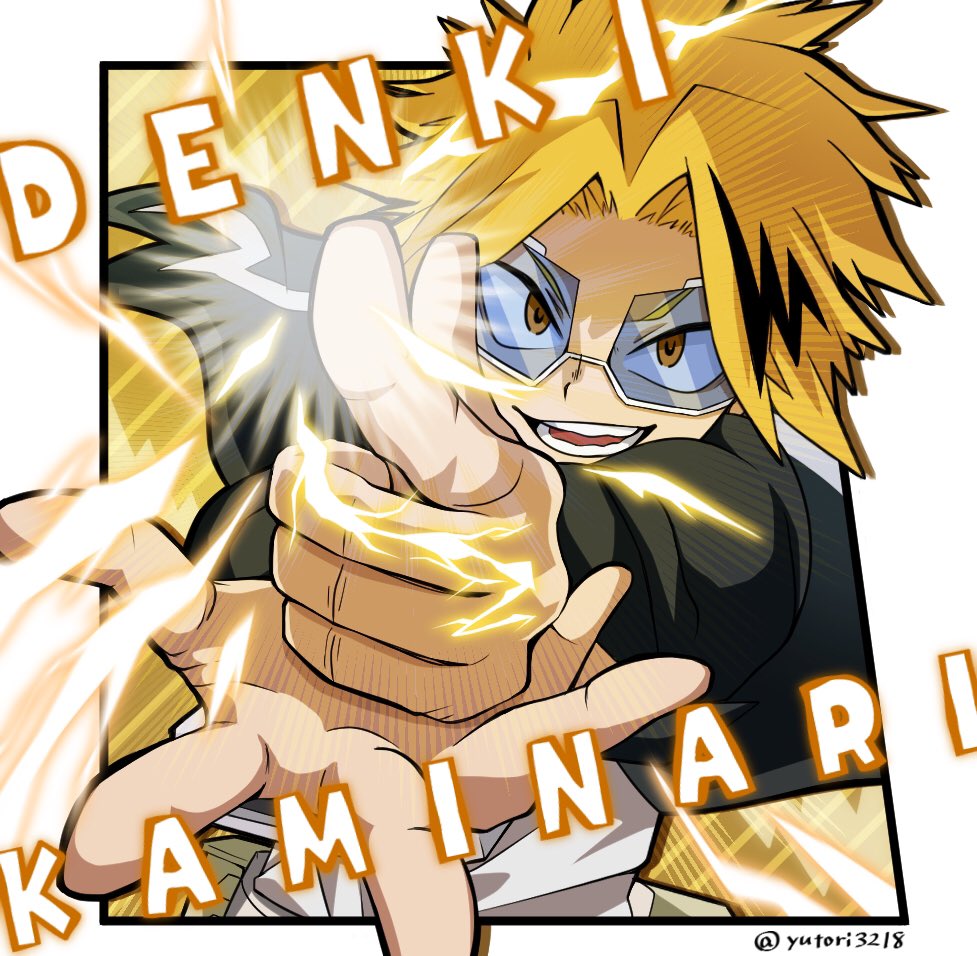 1boy, blonde_hair, boku_no_hero_academia, border, brown_eyes, character_name, electricity, electrokinesis, kaminari_denki, looking_at_viewer, male_focus, open_mouth, short_hair, solo, spiky_hair, teeth, tinted_eyewear, twitter_username, white_border, yutori3218