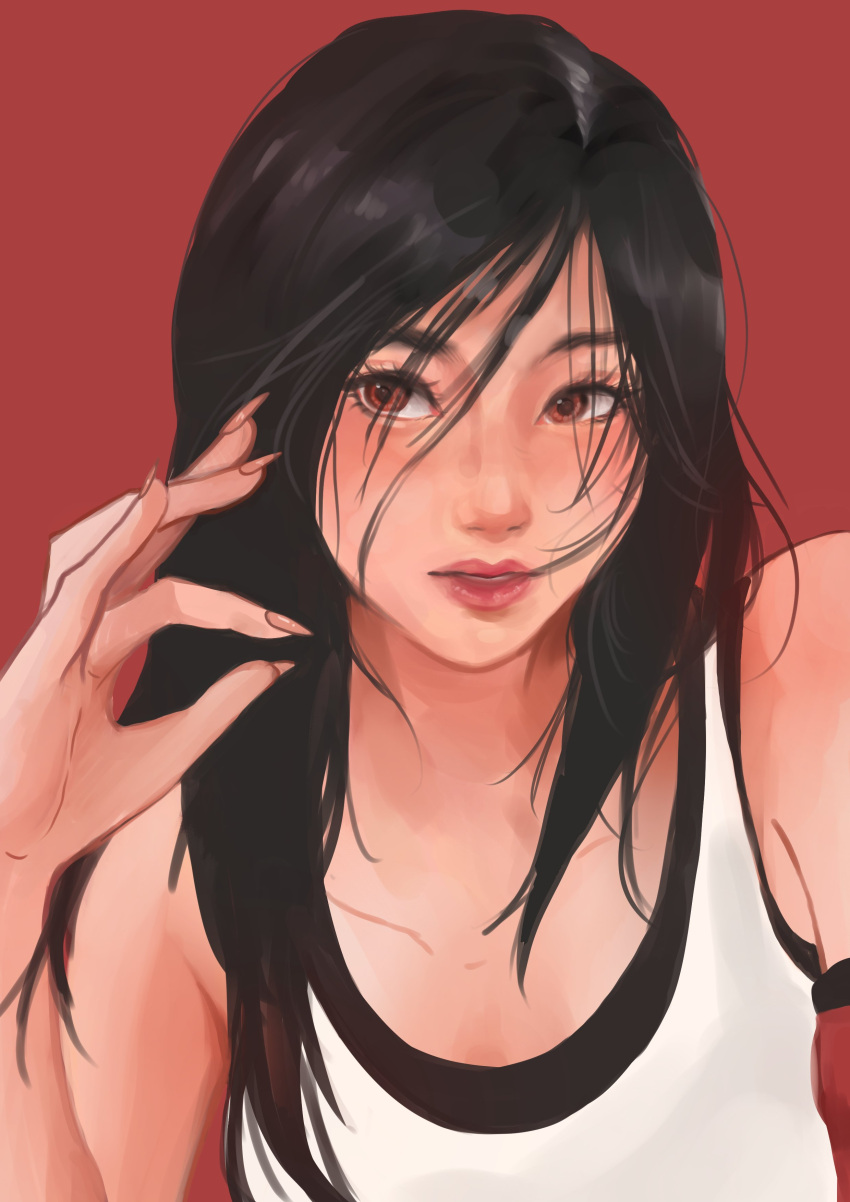 1girl, absurdres, black_hair, black_sports_bra, blush, char_(shanqi_art), final_fantasy, final_fantasy_vii, final_fantasy_vii_remake, hand_up, highres, long_hair, parted_lips, photo-referenced, pink_lips, red_background, red_eyes, simple_background, solo, sports_bra, straight_hair, tank_top, tifa_lockhart, upper_body, white_tank_top