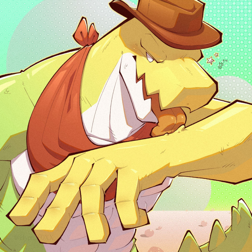 1boy, abs, artist_logo, artist_name, cowboy_hat, crocodile_boy, crocodilian_tail, dated