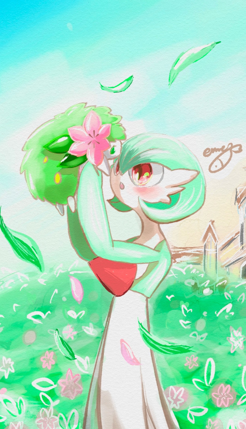 1girl, :o, arms_up, artist_name, blue_sky, blush, bob_cut, colored_skin