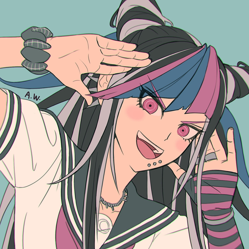 1girl, :d, black_hair, black_sailor_collar, blue_hair, danganronpa_(series), danganronpa_2:_goodbye_despair, gloves