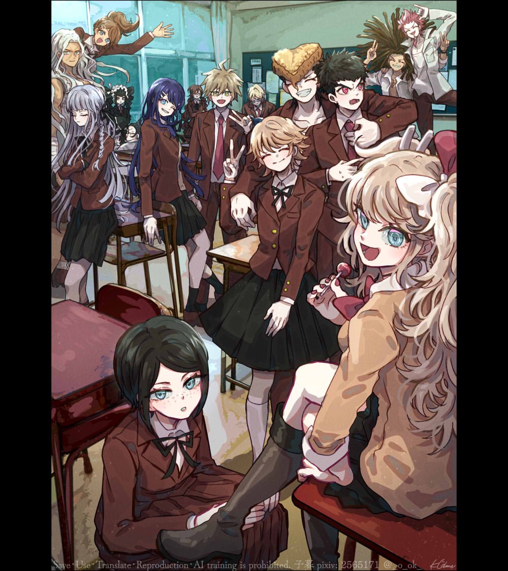 6+boys, 6+girls, :d, asahina_aoi, beard, black_hair, black_ribbon, blonde_hair