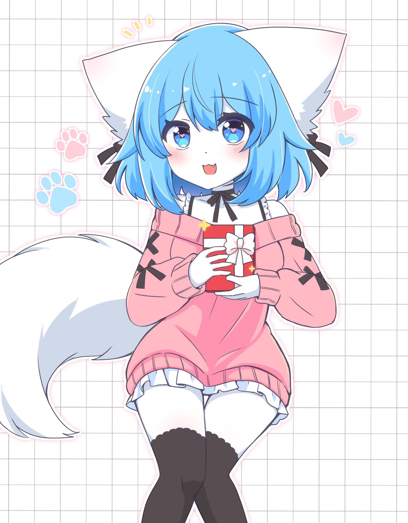 1girl, :3, :d, animal_ears, black_ribbon, black_thighhighs, blue_eyes, blue_hair