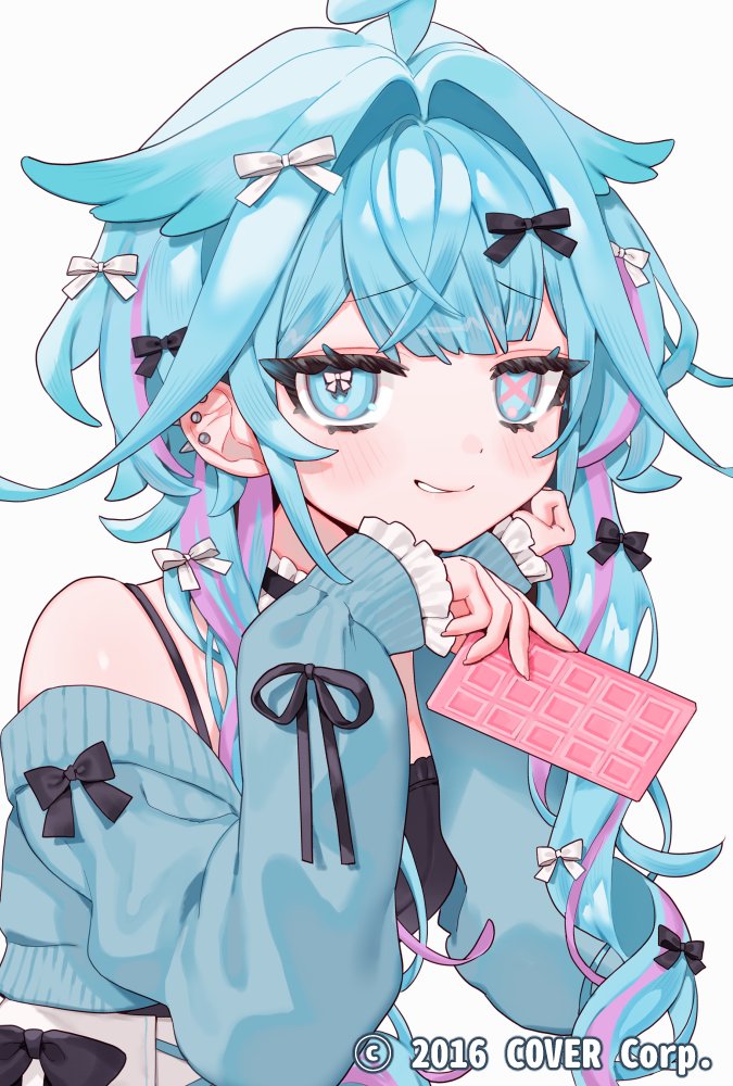 1girl, alternate_costume, black_camisole, black_choker, blue_cardigan, blue_eyes, blue_hair, blunt_bangs