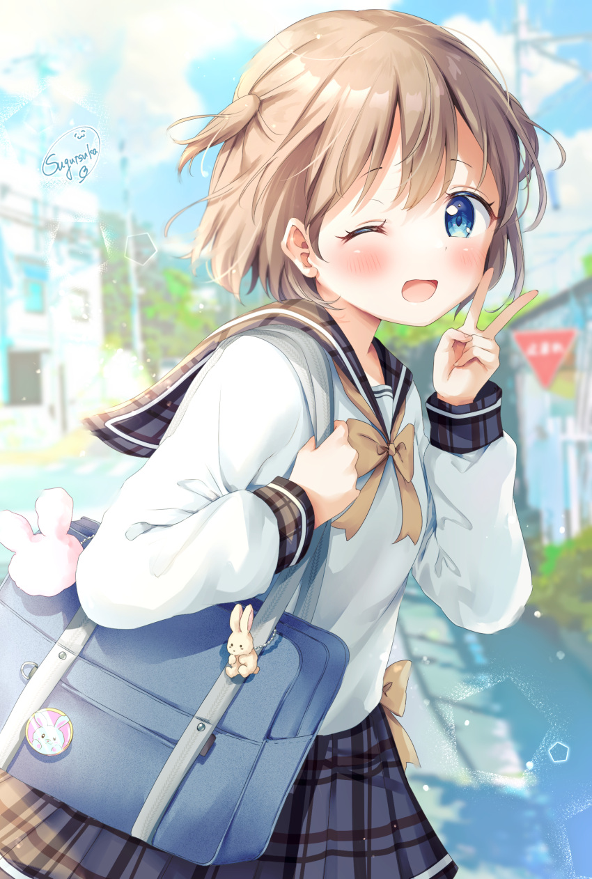 1girl, ;d, absurdres, animal_ornament, bag, blue_eyes, blurry, blurry_background