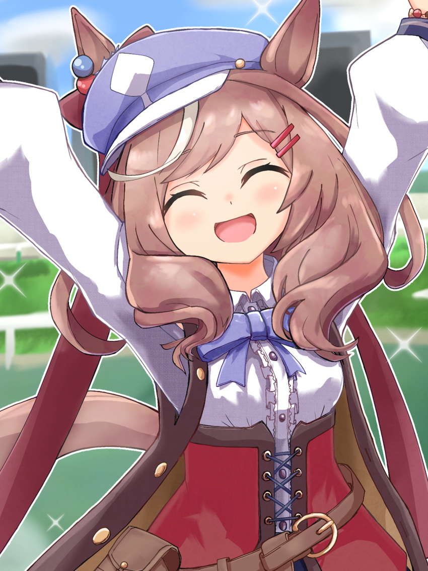 1girl, absurdres, animal_ears, arms_up, belt_pouch, blurry, blurry_background, blush