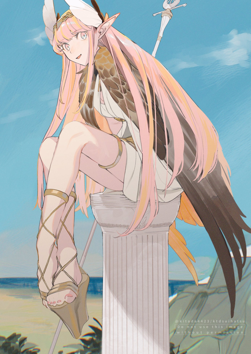 1girl, ancient_greek_clothes, beach, blonde_hair, blue_eyes, blue_sky, brown_wings, circe_(fate)