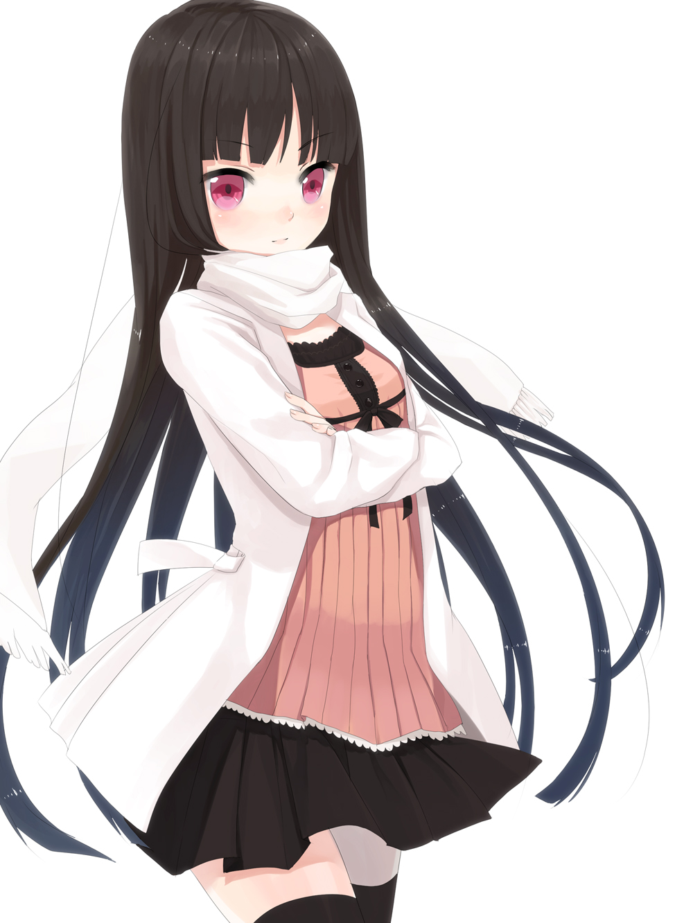 black_hair, black_legwear, black_thighhighs, blouse, blush, crossed_arms, hasuhadera_kunka, highres