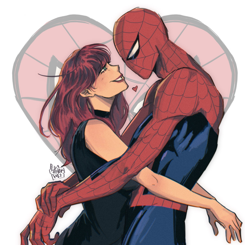 1boy, 1girl, animal_print, blue_bodysuit, blush, bodysuit, couple, green_eyes, heart, hetero, highres, hug, long_hair, marvel, mary_jane_watson, mask, print_bodysuit, red_bodysuit, red_hair, smile, spider-man, spider-man_(series), spider_print, spider_web_print, spidercvlt, superhero_costume, two-tone_bodysuit